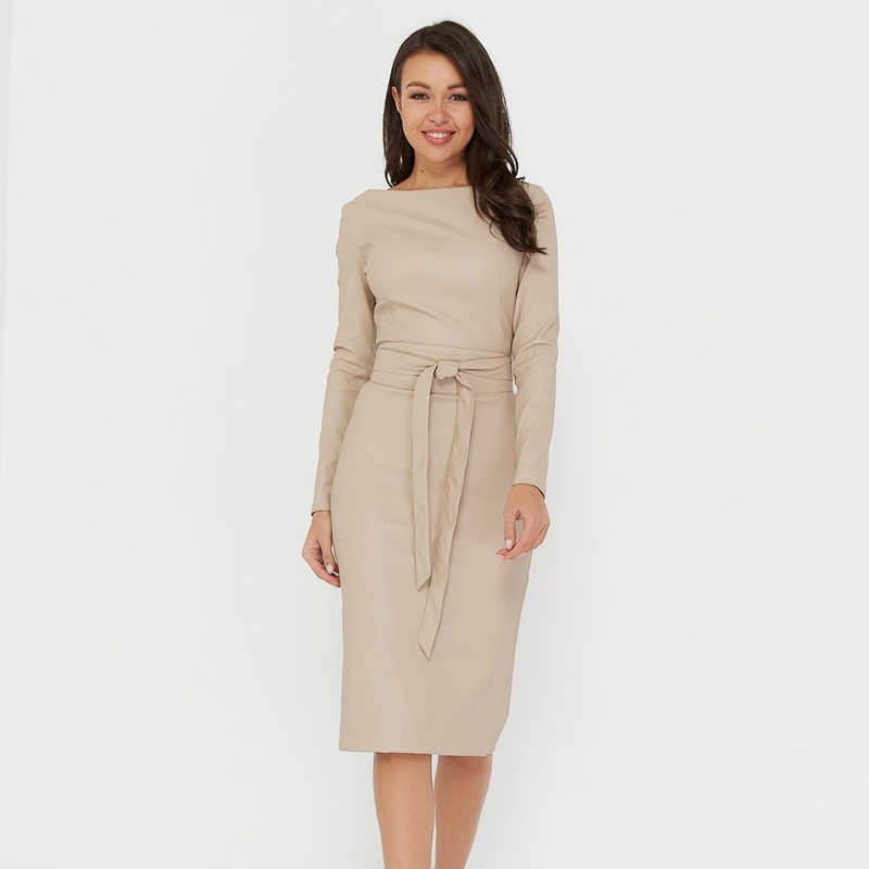 Women Elegant Matt Pu Leather Pencil Dress Vintage Sashes O Neck Long Sleeve Solid Warm Slim Dress Bodycon Party Holiday Dress 210630