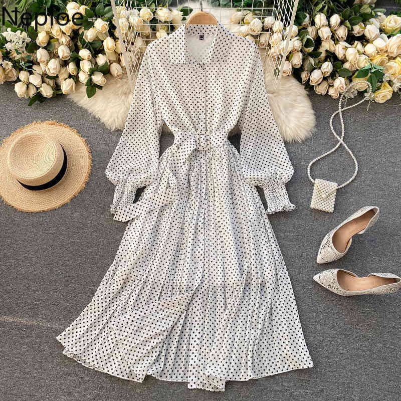 Neploe Korean Woman Dress Polka Dot Long Robe Lantren Sleeve Vestidos High Waist Lace Up Chiffon Pleated Women Clothes Dresses 210422