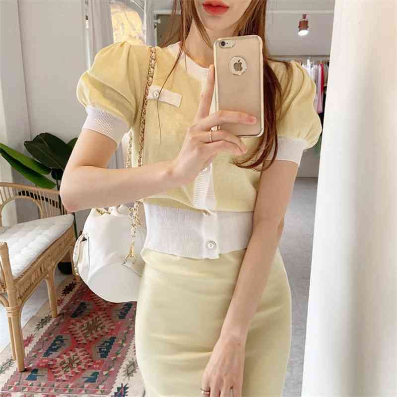 Fashion Korean Elegant Knitted 2 Pieces Sets Single Breasted Short Sleeve O-Neck Tops + High Waist Long Skirt Suit 210520