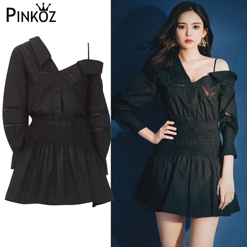 celebrity party mini dress high waist one shoulder black gothic casual long sleeve hollow out for women robe chic 210421