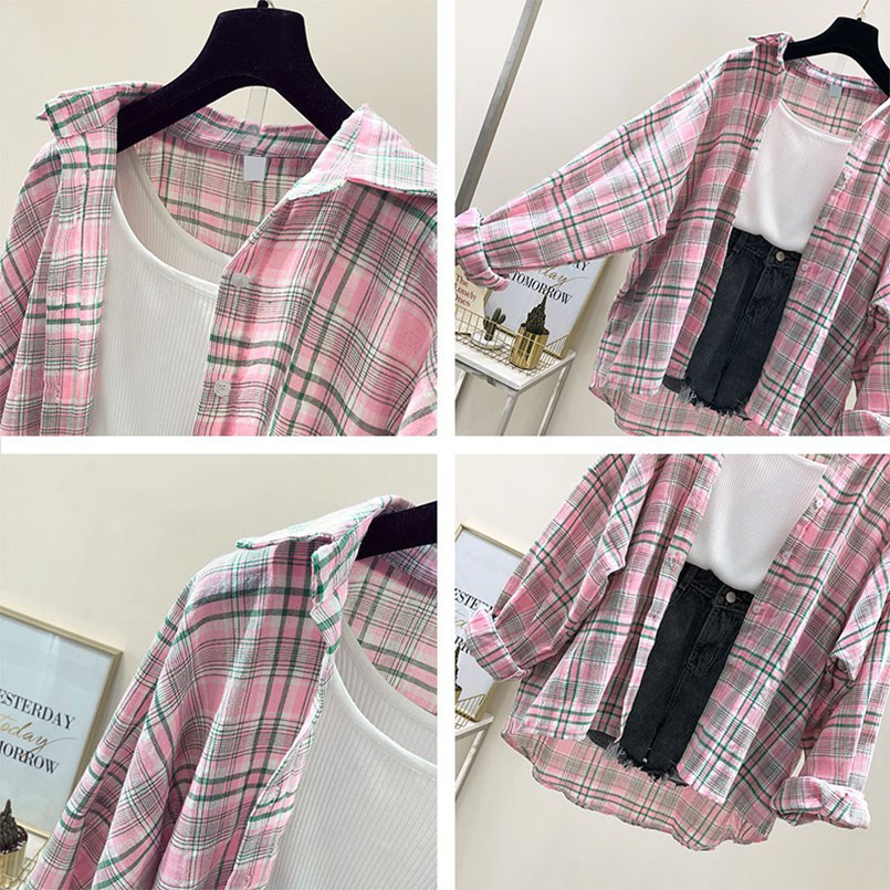 Design Fashion Plaid Women Tops and Blouses Female Casual Matching Color Long Sleeve Button Loose Plaid Shirt Top blusas mujer d