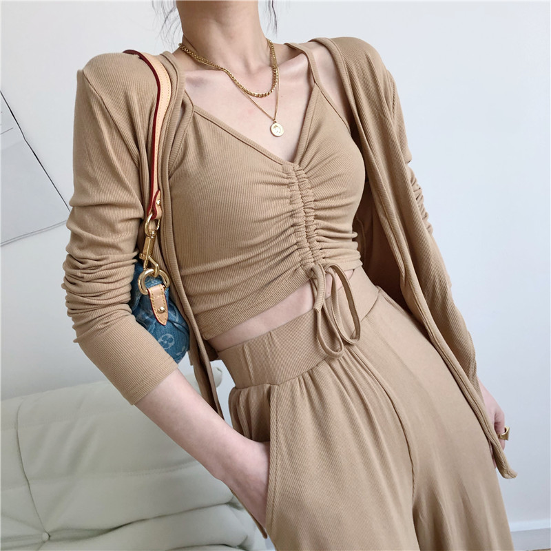 Casual Trousers Tracksuit Women Summer Fall Drawstring Vest + Long-sleeved Lace-Up Cardigan Wide-leg Pants 3 piece Sets 210525, Khaki
Casual Trousers Tracksuit Women Summer Fall Drawstring Vest + Long-sleeved Lace-Up Cardigan Wide-leg Pants 3 piece Sets 210525, Khaki