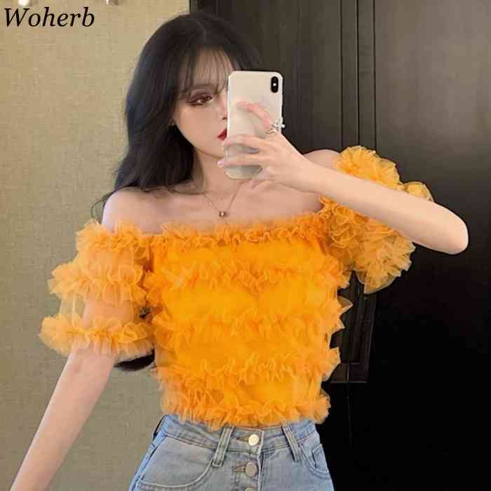 Sexy Off Shoulder Crop Top Women Summer Streetwear Lace Chiffon Ruffle Cake Blouse Korean Chic Elegant Blusas 210519