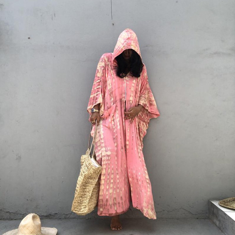 Bohemian Printed Women Beach Dress Bathing Suit Cover Up Summer Tunic For Hooded Beachwear Robe de plage Kaftan A747 210420