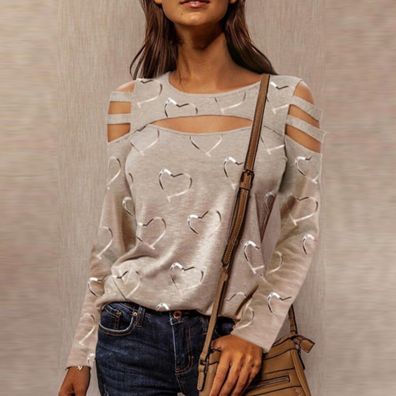 Plus Size Ladies T-shirt Long Sleeve Hollow Out Love Print Women's Top Summer Tees Shirt Casual Pullovers Femme t shirts 210515