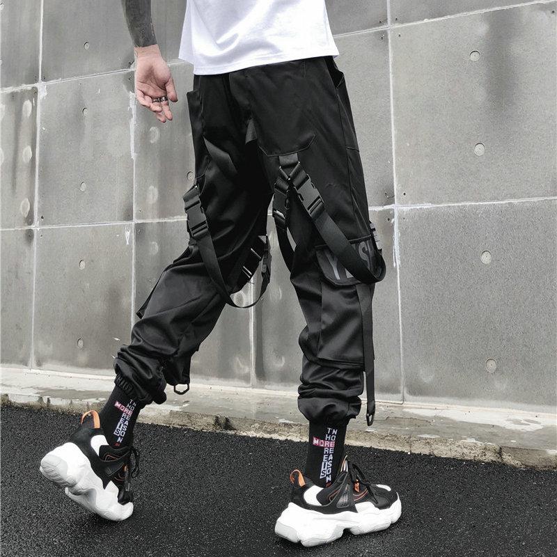 Streetwear Cargo Pants Men Harajuku Tactical Ribbon Multi-pocket Trousers Women Elastic Waist HipHop Male Black Pant Men's