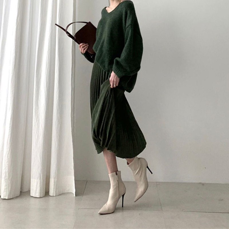 Spring Autumn High Waist Vintage Solid Pleated Skirt Female OL Elegant Fashion All-match Long Skirts Womens 210421
