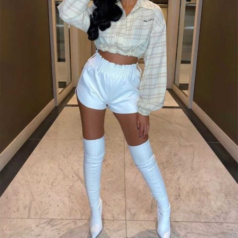 Black Faux Leather Biker Shorts Women Elastic High Waist Wide Leg Fashion Autumn Casual Ladies Sexy Femme 210714