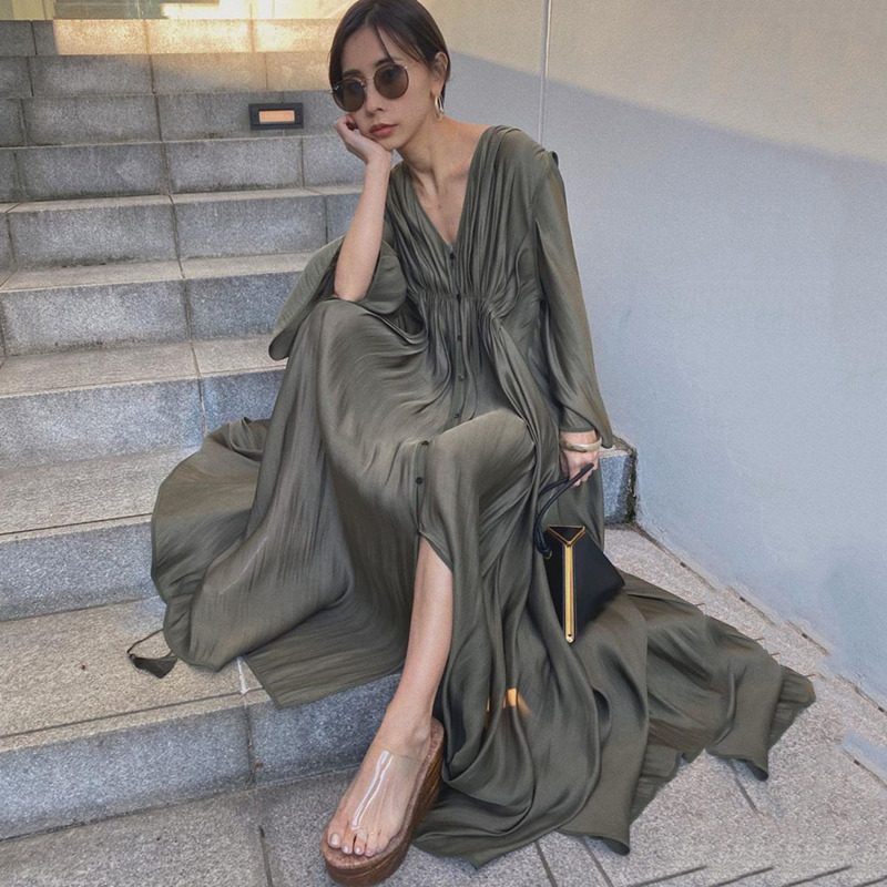 Women Long Sleeve Spring Summer V Neck Casual A-Line High Waist Pleated Maxi Dresses Office Ladies 210427
