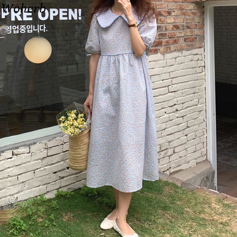 Cute Peter Pan Collar Vestidos De Mujer Floral Print Elegant Dress Chic Maxi es Femme Summer Sweet Robe 210519
