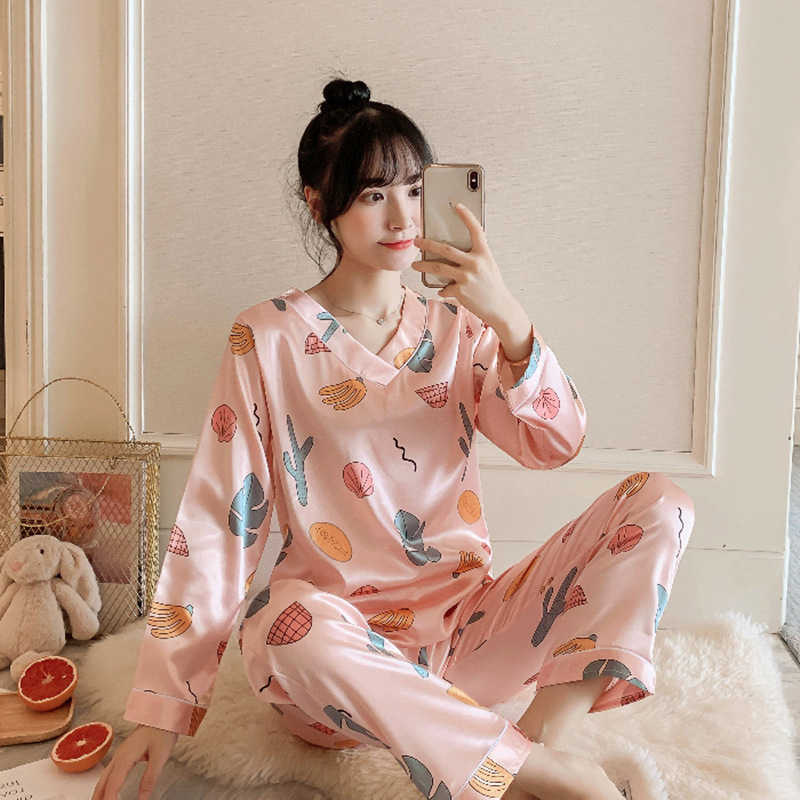 Pajamas Set Women's Silk V-neck Long-sleeved Summer and Autumn Ice Silk Ladies Home Service Suit Satin Nightwear Cartoon Pajamas 211007