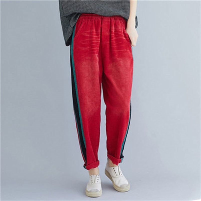 Autumn Fashion Women Elastic Waist Loose Corduroy Pants Allmatched Casual Side Stripe Harem Plus Size M701 210512