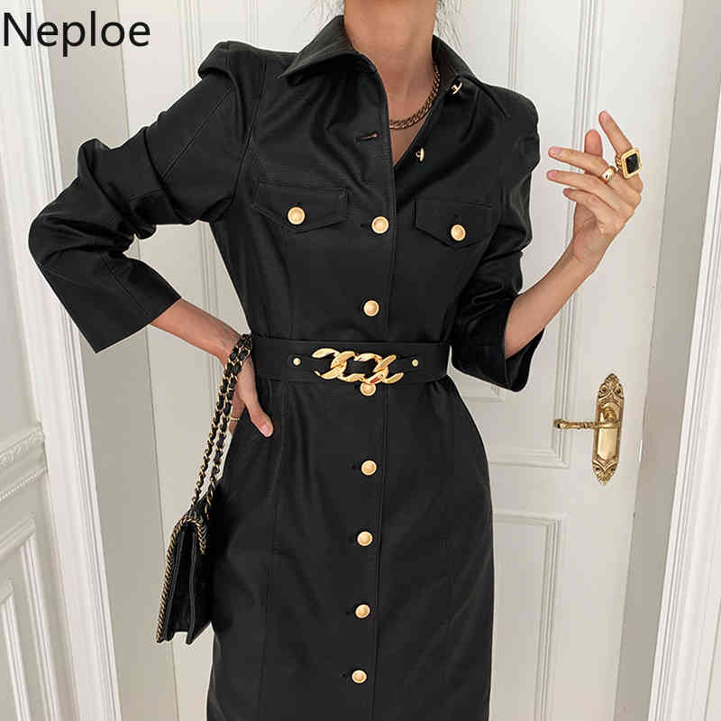 Neploe Korean Fashion Dress for Women Temperament Turn-down Collar Vestidos Single Breasted Belt PU Elegant Dresses Woman 4G320 210422