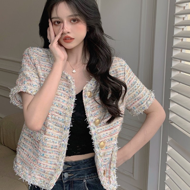 Tweed Summer Short Sleeve Women Coat Elegant Causal Cardigan Jacket Korean Single Breasted Outwear 210519