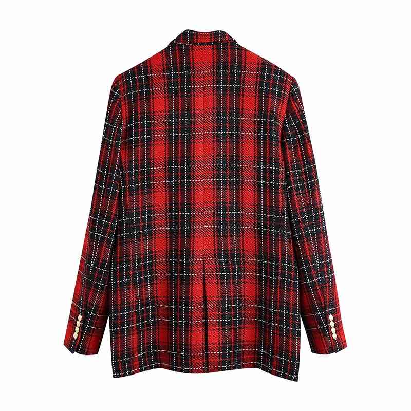 Tweed Women Red Plaid Blazer Jackets Spring-Autumn Fashion Ladies Elegant Notched Collar Coats Vintage Female Chic 210527