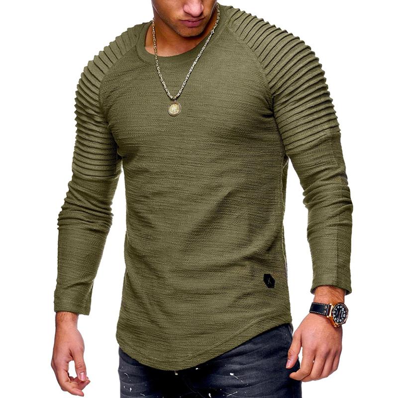 Solid Color Pleated Shirts Patch Long Sleeve Blouse T-Shirt Men Spring Casual Tops Pullovers Fashion Slim Basic Men's T-Shirts