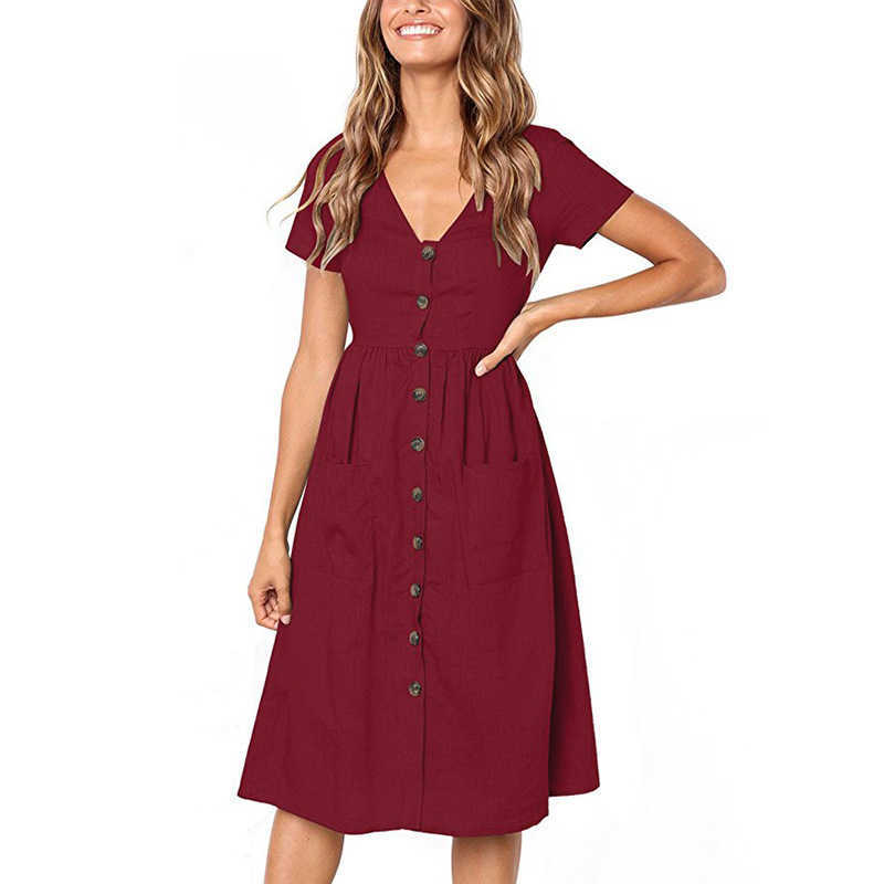 Red Blue A Line Casual Dresses Women Summer Dress Vintage Short Sleeve Dress For Ladies Buttons V Neck Midi Vestidos Female 210630