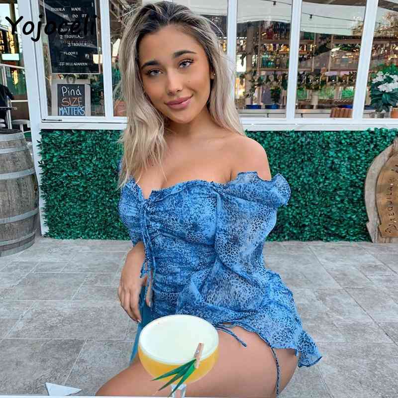 Yojoceli women off shoulder print dress women lace up boho beach party dress bodycon mini dress long sleeve spring 210409