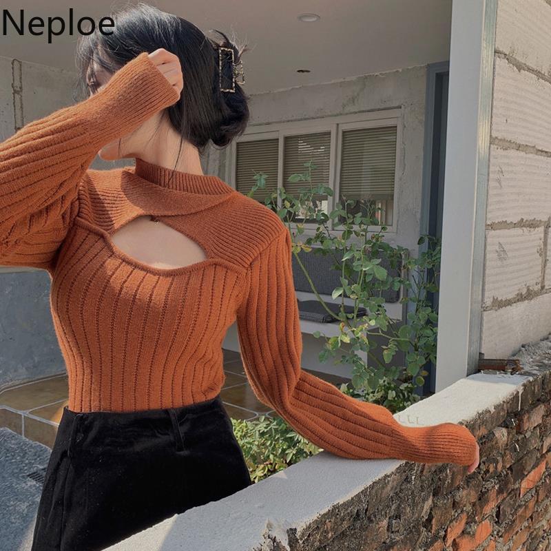 Neploe Sexy Lady Hollow Out Sweaters Half Turtleneck Slim Fit Knitwear Pullovers Korean Temperament All-match Jumper Tops 4G467 210422