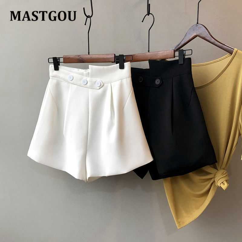 MASTGOU Iregular Shorts Women's White Short Black Wide Leg Zipper Waist Vintage High Summer Trousers 210714