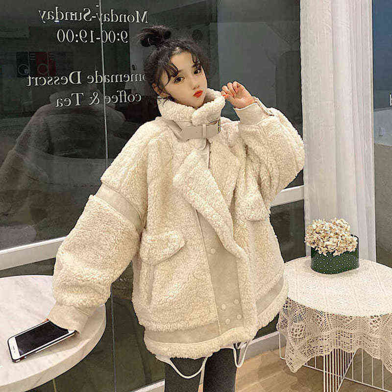 Lucyever Women's Lamb Wool Coat Winter Thickened Warm Fluffy Jacket Female Oversize Beige Korean Casual Cashmere Coats 211123