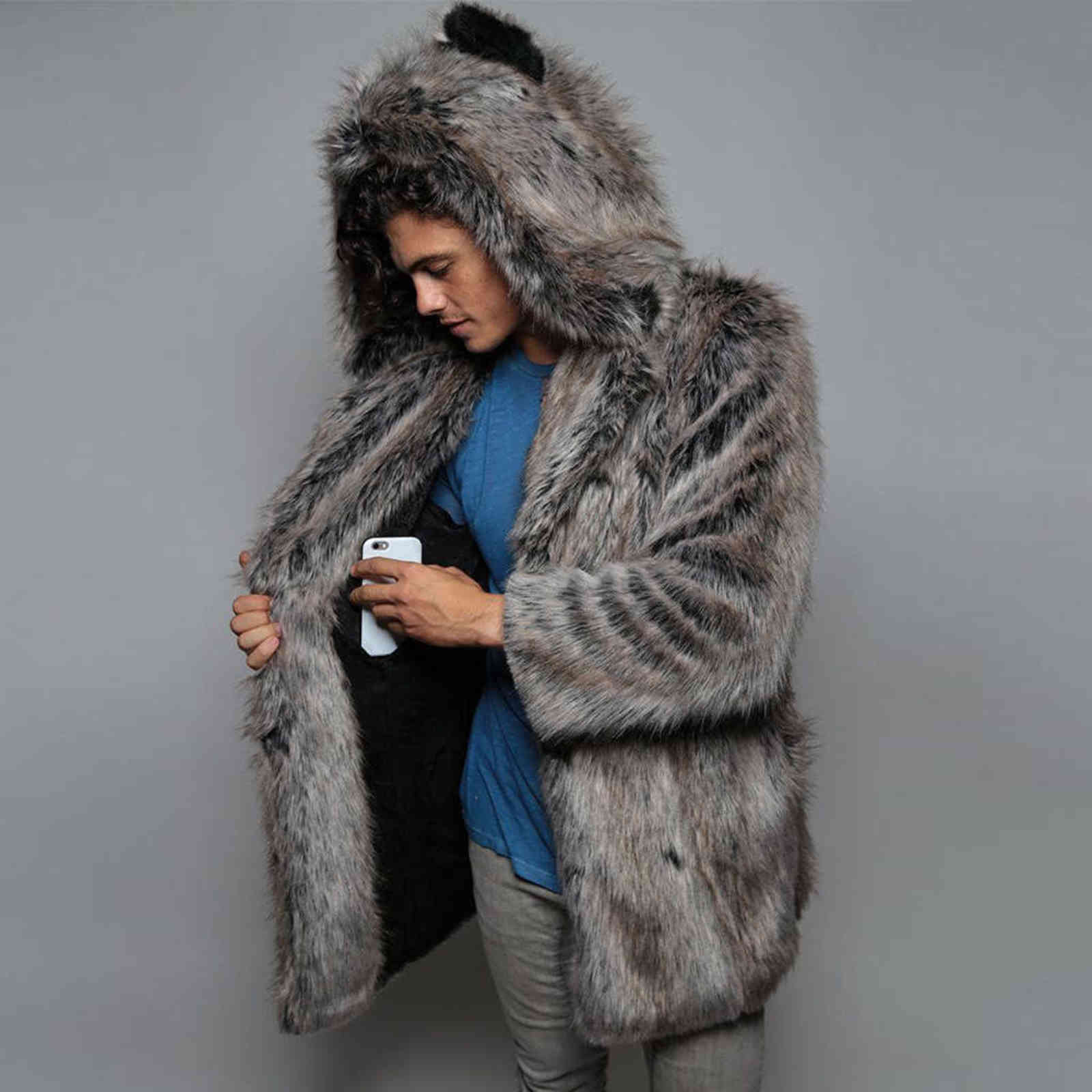Winter Fashion Mens Clothing Warm Thick Coat Jacket Faux Fur Parka Hooded Jacket Outwear Cardigan Oversized Overcoat #g3 211111