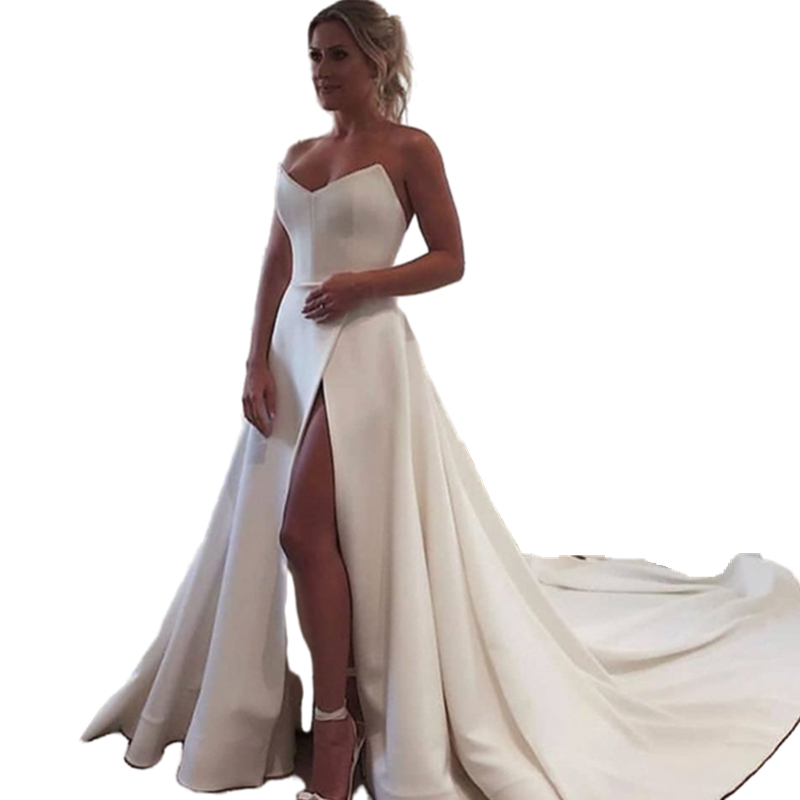 Simple Ivory Satin A Line Wedding Dress Side Slit Strapless Long Train Bridal Dresses 2022 Sexy Backless Sleeveless Garden Beach Wedding Gowns Custom 