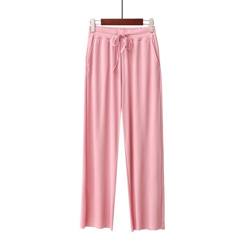 Women wide leg long Pants with pockets Summer Casual Soft Ice Silk Wide Leg elastic waist Trousers pants 210524