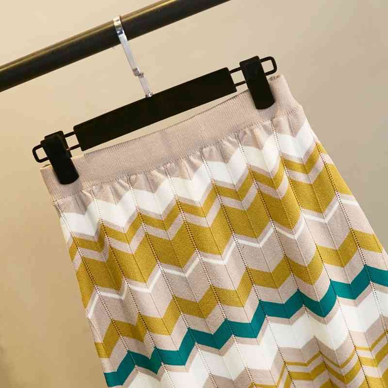 Fashion Sleeveless Stripe Sweater Vest +Elastic Waist 2pcs Casual Knitting Skirt Suits Women Trendy Summer Set 210520