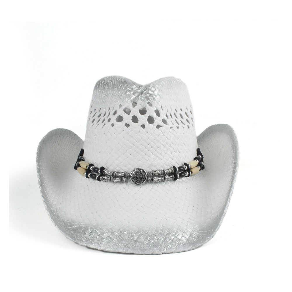 Retro Handmade Weave Straw Women Men Hollow Western Cowboy Hat Lady Dad Sombrero Hombre Cowgirl Jazz Sun Caps Size 56-58cm Q0805