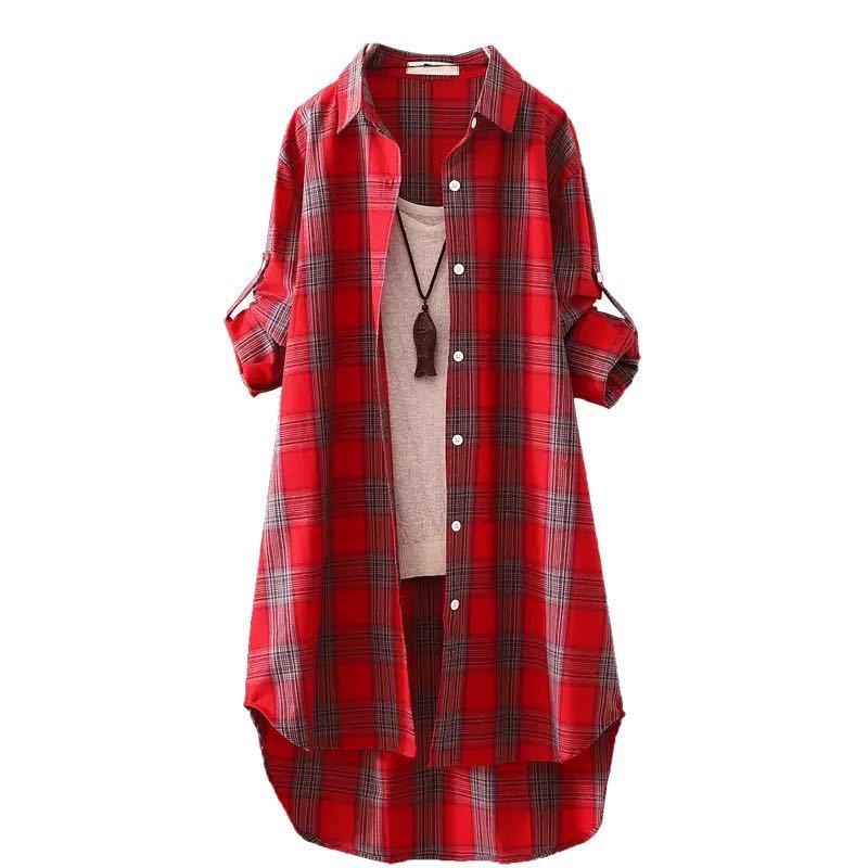 Womens Spring Autumn Style Cotton Blouses Shirt Button Plaid TurnDown Collar Long Sleeve Elegant Vintage Tops DF3906 210401