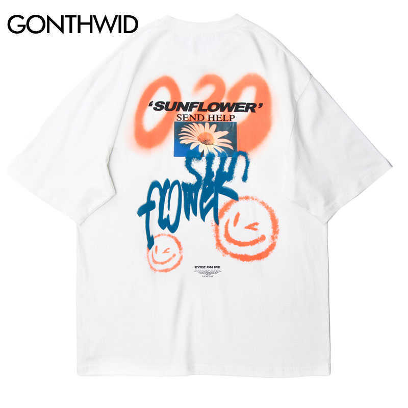 GONTHWID Sunflower Graffiti Face Print Tees Shirts Streetwear Hip Hop Harajuku Casual Tshirts Men Fashion Short Sleeve Tops 210629