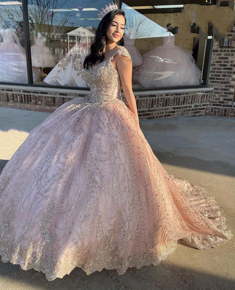 Sparkly Champagne rose Quinceanera Dresses Sequin Lace Ball Gown Prom Dresses Sweetheart Sweet 16 Dress Long Formal Dress