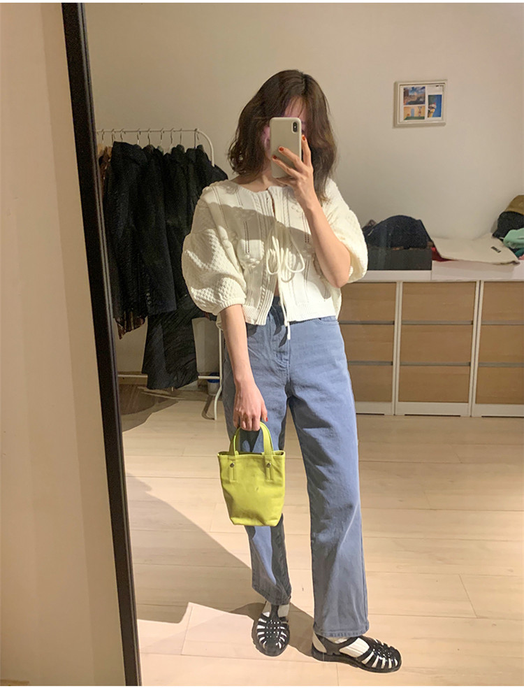 Stereoscopic Balls Knitted Cardigan Sweater Women Puff Sleeve O-neck Lace Up Tops Vintage Korean Fashion Ladies Jumpers 210514