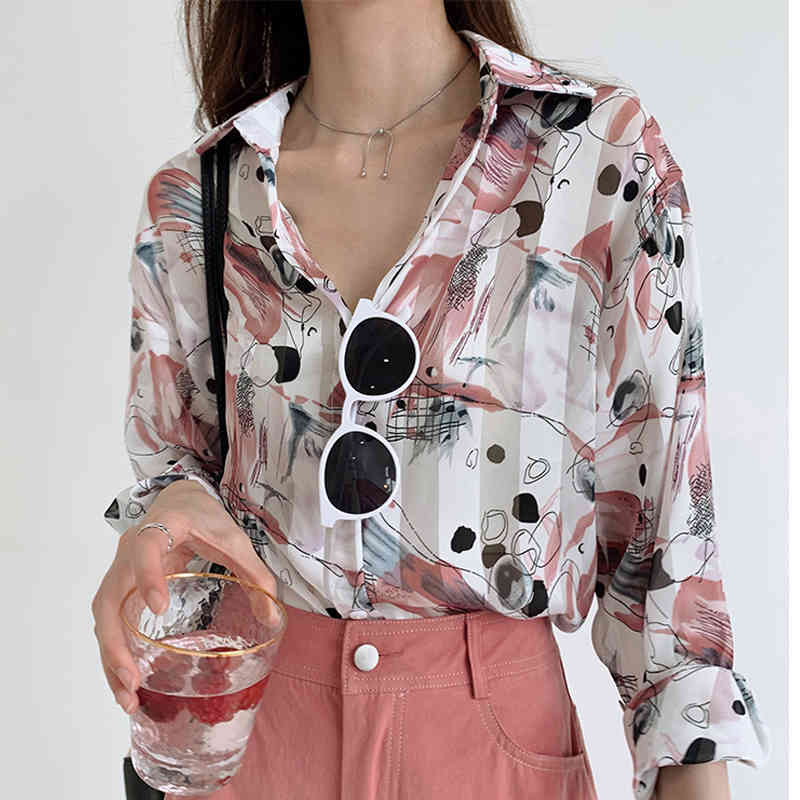 Autumn Plus Size Shirt for Women Ladies Tops Clothes Long Sleeve Vintage Printed Chiffon Cotton Casual Cardigan 10288 210427