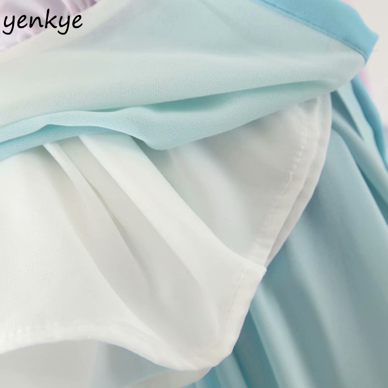 Multicolor Gradient Print Long Maxi Dress Women V Neck Long Sleeve Ruffle Holiday Boho Beach Dress A-line Chiffon Summer Dress 210515