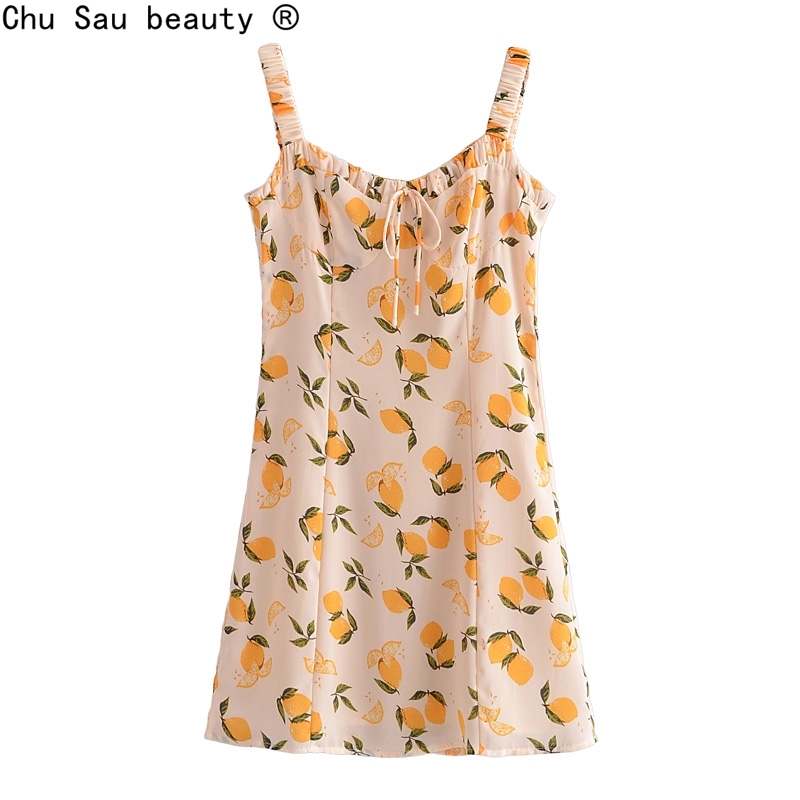 Summer French Chic Dress Short Spaghetti Strap Holiday Style Lemon Print Zipper Vestido Female 210514