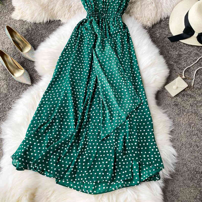 Green Floral Print Women Summer Dress V-Neck Sleeveless Dresses Vintage Bohemia Ruffle Midi Dress Slim Waist Vestidos 210521