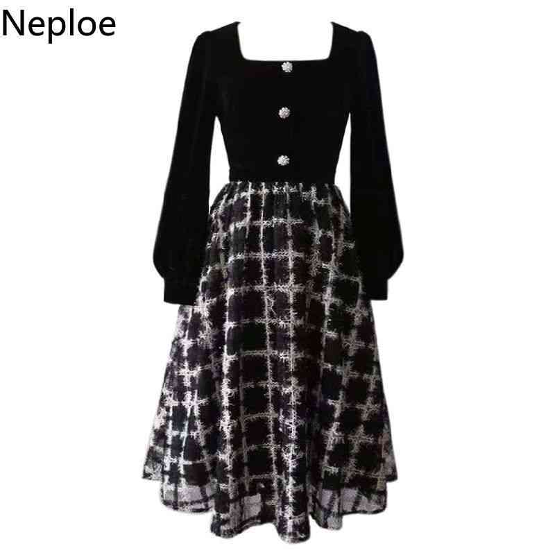 Neploe Women Party Dress Retro Elegant Plaid Dresses High Waist Black Patchwork Long Robe Korean Square Collar Velvet Vestidos 210422