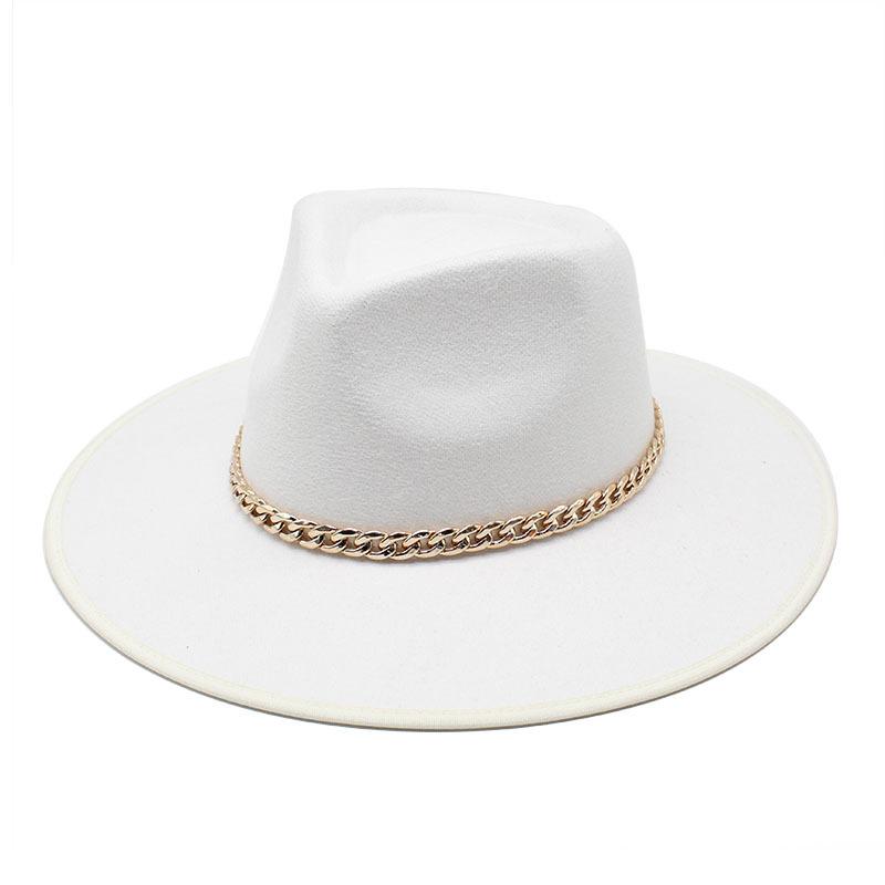Wide Brim Hats Women Gold Chain Felt Fedora Hat Men Panama Winter Wool Vintage Jazz Gentleman Wholesale