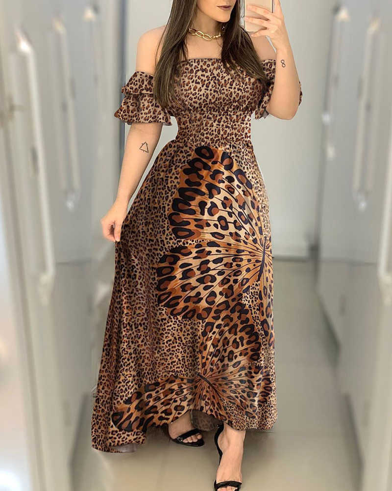 Women Off Shoulder Elegant Fashion Cocktail Sexy Party Dresses Ball Gown Leopard Maxi Dress 210716