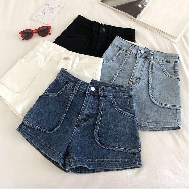 Pockets Denim Shorts Women Casual Summer Vintage Black White High Waist Wide Leg Sexy Jeans Beach Pants C6238 Women's