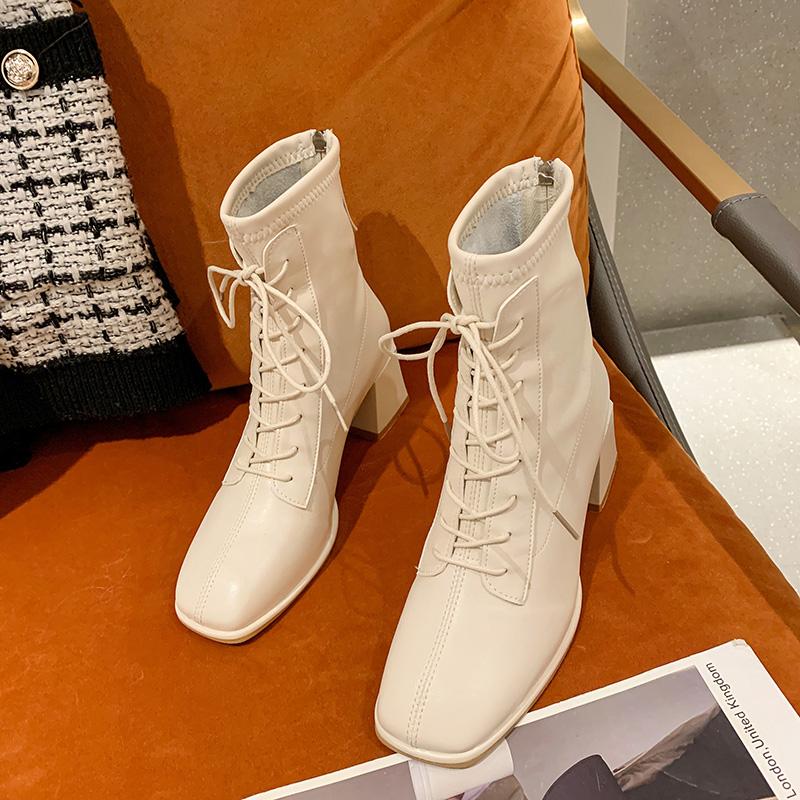 Boots Female British Style 2021 Spring And Autumn Single Square Toe Thick Heel Net Red Thin High Heels Short