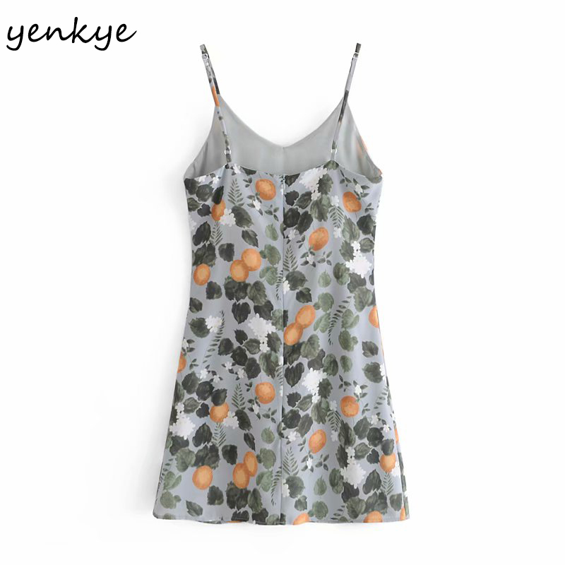 Vintage Lemon Leaves Print Sexy Sling Dress Women Sleeveless V Neck Hem Slits Mini Robe Holiday Summer Chiffon 210430