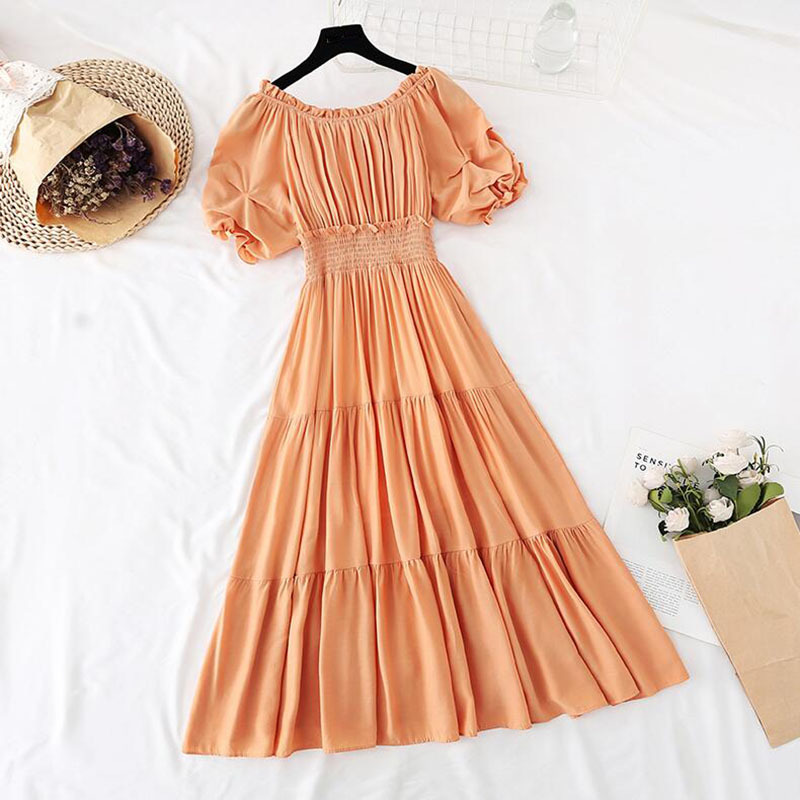 Fashion Summer Vintage Cotton linen Dress Elegant Ruffle off-the-shoulder Midi Long Dress Pleated Casual Dress Vestido 210521