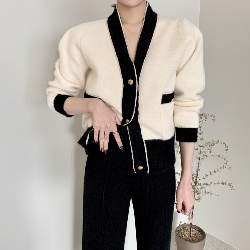 OL Cardigan Coat Autumn Winter Sweater Women Elegant V-neck Hit Color Thick Warm Mink Plush Knitted Outwear Tops 210421