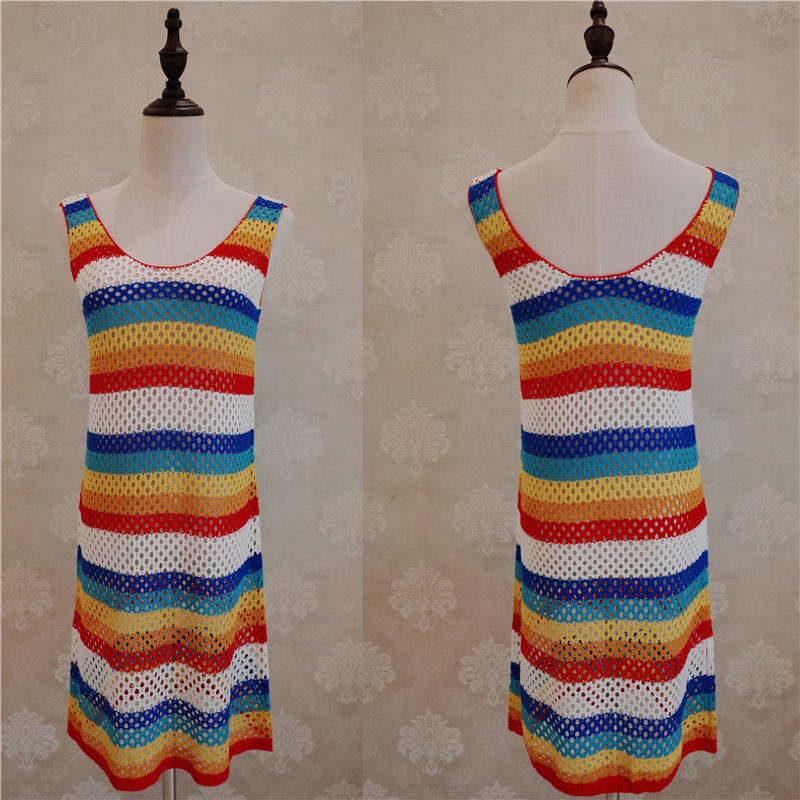 Multicolored Striped Summer Beach Wear Mini Dress Women Tunic Swimwear Cover-ups Bikini Wrap Cover Up Sarong plage #Q726 210420