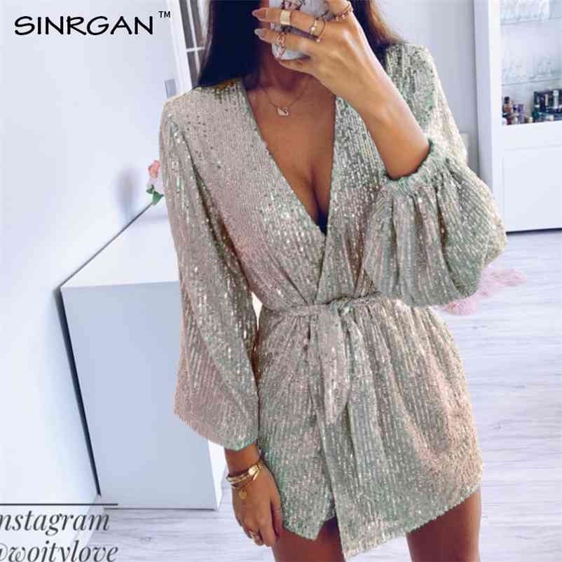 NANKEY Party Silver Glitter Sequin Dress Women Evening Sexy Body Occasion Wrap Dress Sashes V Neck Mini Vestidos 210409