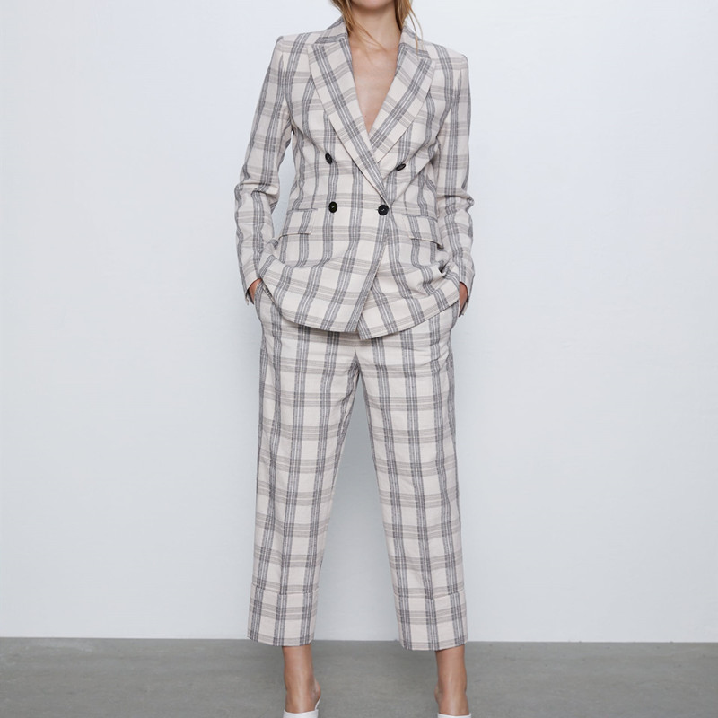 beauty Fashion Plaid Women Blazer Suits Office Ladies Two-piece Sets Long Sleeve double Breasted Pants Set 210514