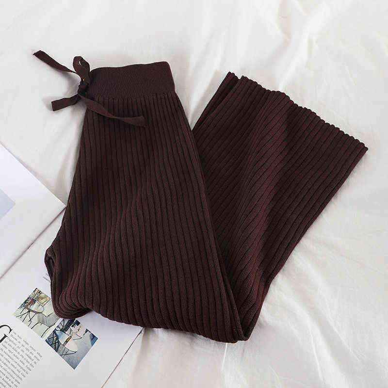 Neploe Winter Autumn Knitted Wide Leg Pants Women Korean Solid Pit Long Trousers Elastic Lace Up Plus Size Sweatpants 211115
